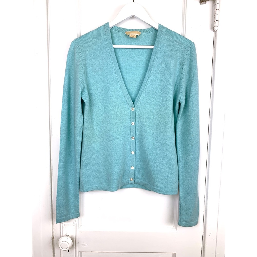Michael Kors 100% Cashmere V-Neck Cardigan M Pastel Teal Blue Italian Yarn - Picture 6 of 16